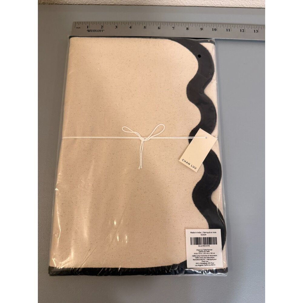 Chan Luu Cotton Table Runner Cream Black Scallop Edge 14 x 72 New